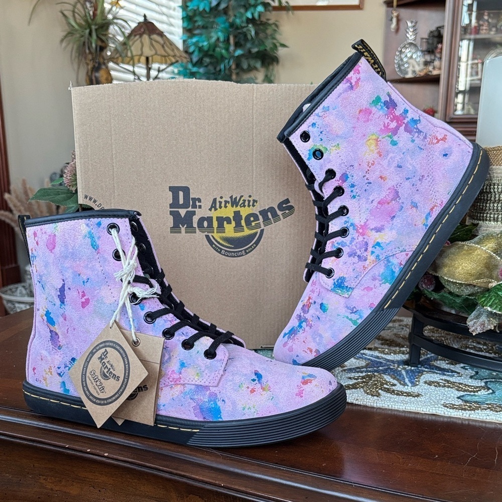 Brand New Dr. Martens Genuine Suede Sheridan Rainbow Burst Lace Up Boots Casual